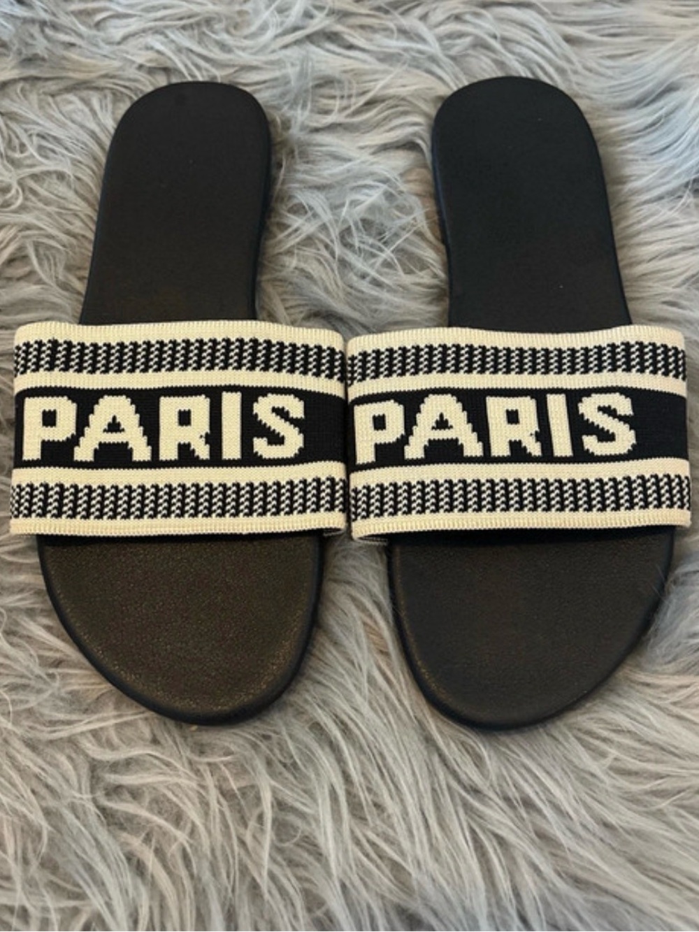 PARIS Black & White Slide Sandals with Logo Strap